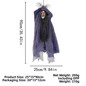 Hanging Halloween ghost with bloody face and skeletal hand in purple tattered mesh