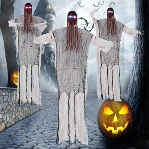 Set of 3 glowing Halloween hanging ghosts with bloody robes and long hair for decor