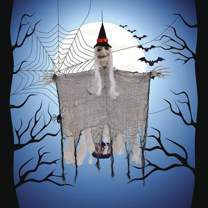 Hanging Halloween ghost decoration with witch hat and tattered fabric for haunted house decor