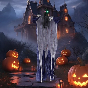 Detailed view of scary hanging ghost with glowing eyes and long hair for Halloween decor