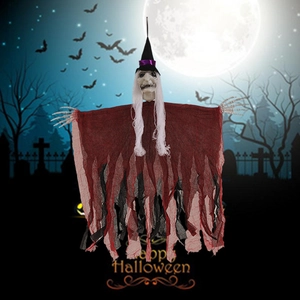 Hanging Halloween ghost with red robe and skull hands in a spooky graveyard scene