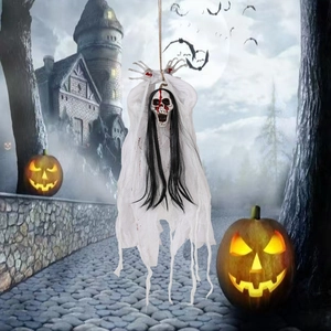 Ghostly Halloween hanging skeleton with white gauze and blood stains against spooky night