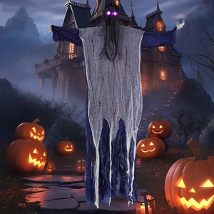 Scary hanging ghost detail with glowing purple LED eyes and bloody tattered white robe