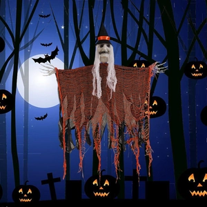 Creepy Halloween witch ghost hanging prop with black hat, skull hands and red tattered cape