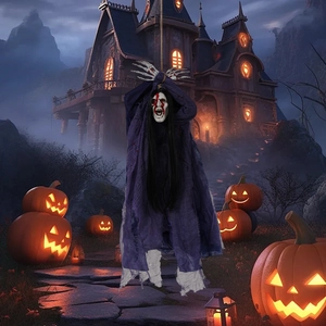 Close-up of hanging Halloween ghost with skeletal hands and bloody face for spooky decor