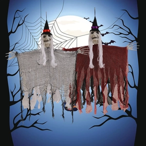 Halloween hanging witch ghosts with ragged mesh fabric and skeleton hands for spooky decor