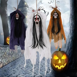 Three spooky Halloween hanging ghosts with bloody skull faces for haunted house party decor
