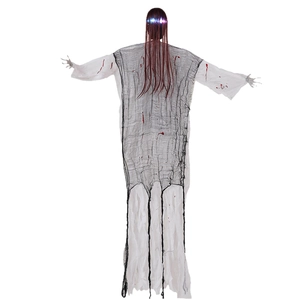 Hanging Halloween ghost with glowing eyes, long wig and blood-stained robe for spooky decor