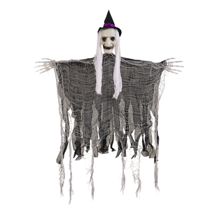 Detail of hanging Halloween ghost with skull head, long white hair and purple ribbon hat