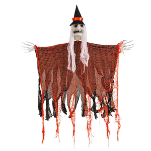 Detailed close-up of Halloween hanging ghost decor with skull hands and orange mesh fabric