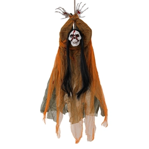 Halloween hanging ghost prop with bloody skull face and orange tattered mesh fabric