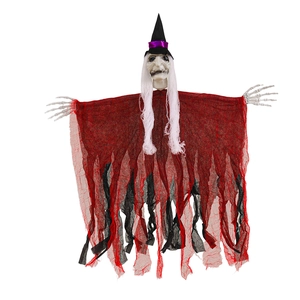 Detailed view of Halloween hanging ghost with skull face and red tattered mesh robes