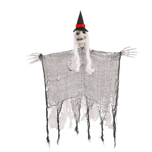 Detailed view of hanging Halloween ghost with skeletal hands and flowing black mesh