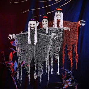 Three-piece Halloween hanging skeleton ghosts set with wizard hats for scary party decor