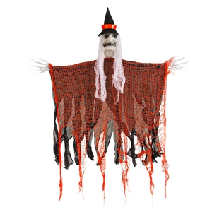 Hanging Halloween ghost decoration with witch hat and skeleton hands for haunted house