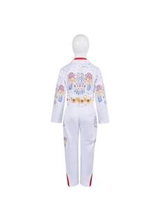 Detail van Elvis-kostuum voor kinderen met arendpatronen en pailletten op witte stof