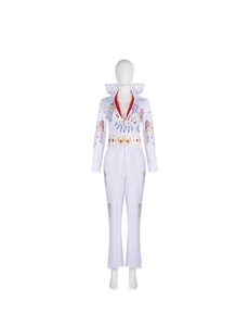 Detail van wit Elvis cosplay kostuum met diepe V-hals, rode voering en sterpatronen