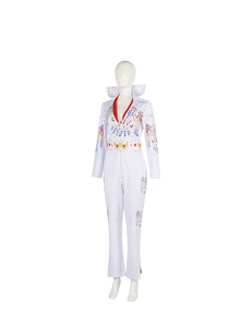 Detail van de Elvis-cosplay-jumpsuit met adelaarpatroon en rode inzetstukken