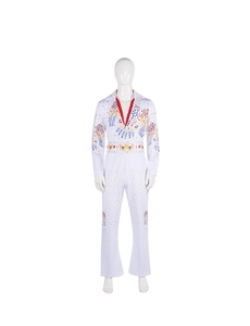 Detail van Elvis rockster cosplay jumpsuit met kleurrijke lovertjes en arend-patroon