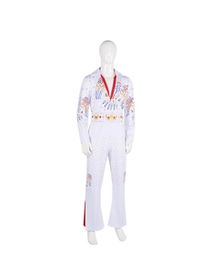 Detail van Elvis-kostuum met rode kraag en adelaarspatroon op witte jumpsuit