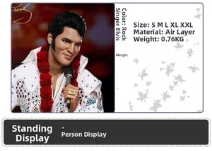 Detailed spec sheet for Elvis Presley cosplay outfit showing size chart and fabric texture