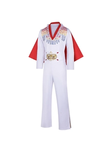 Detail of white Elvis costume jumpsuit with red sequin eagle patterns and cape