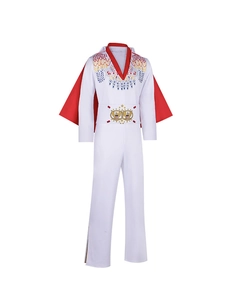 Detail of white Elvis costume featuring red cape and gold eagle embroidery patterns