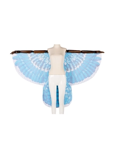 Detail of blue bird wing cape with realistic feather texture for Halloween cosplay