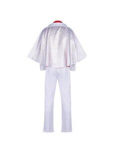 Detail view of white Elvis stage costume cape with gold radiant pattern design