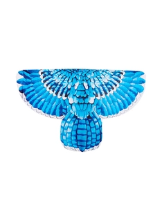 Detail of blue bird wing cape with realistic feather print and vibrant gradient colors