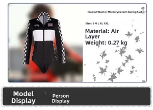Close-up of black and white long-sleeved racing jumpsuit with checkered collar detail