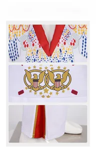 Detail of Elvis costume with red V-neck collar, golden eagle belt, and sequined pants