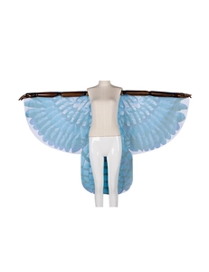 Detail of blue and white bird wing cape with realistic digital feather print on light fabric