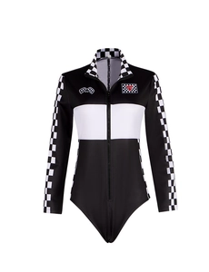 Detailed view of long-sleeve racing bodysuit with checkered flag patterns and front zipper