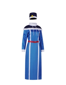 Detail view of Juvia Lockser cosplay dress with faux fur trim and red belt accessory