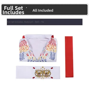 Classic Elvis costume set including white jumpsuit with dots, eagle belt and red tie