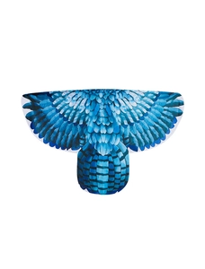 Detail view of blue bird wing cape featuring realistic feather patterns and gradient blue tones