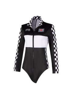 Racing style bodysuit with checkered sleeves and VIP print for cosplay performances