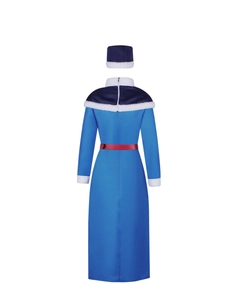 Detail view of Juvia Loxar cosplay dress with white fur trim and blue fabric