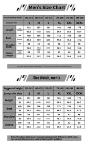 Detailed size chart for men's jumpsuits showing dimensions from S to XXXL in cm and inches