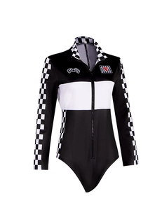 Detail of checkered racing bodysuit with stand-up collar and VIP embroidery