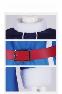 Detail of blue cosplay costume with white faux fur trim and red belt with silver buckle