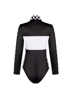 Close-up of racing bodysuit with checkered flag patterns and white panels on back