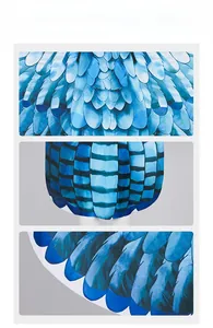 Detailed view of layered blue and white bird wing cape feathers with realistic texture
