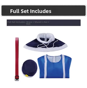 Flat lay of Fairy Tail Juvia cosplay set including blue dress, shawl, hat, and red belt