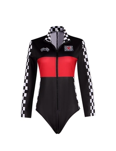 Close-up of racer bodysuit with checkerboard patterns and VIP badge on chest