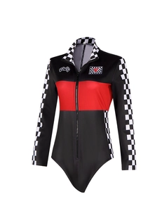 Close-up of racing bodysuit with checkered pattern sleeves and VIP emblem detail