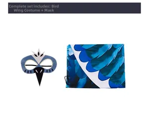 Detail view of the colorful bird wings costume and felt mask set for children's cosplay