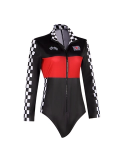 Detailed view of long sleeve racing bodysuit with checkerboard pattern and front zipper