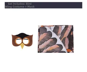Detail of bird wings costume set with realistic feather cape and felt owl mask for kids